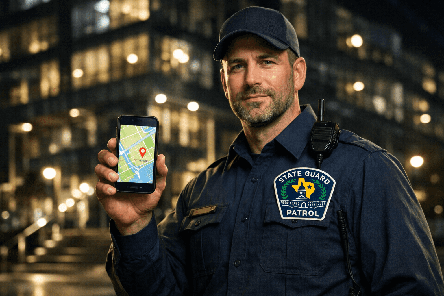 GPS-monitored security guard on patrol in Central Texas